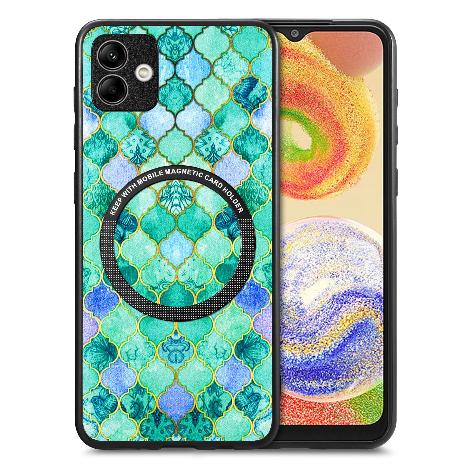 For Samsung Galaxy A04 4G (164.4 x 76.3 x 9.1 mm) Pattern Printing PU Leather Coated PC TPU Phone Cover Metal Ring Design Protection Case