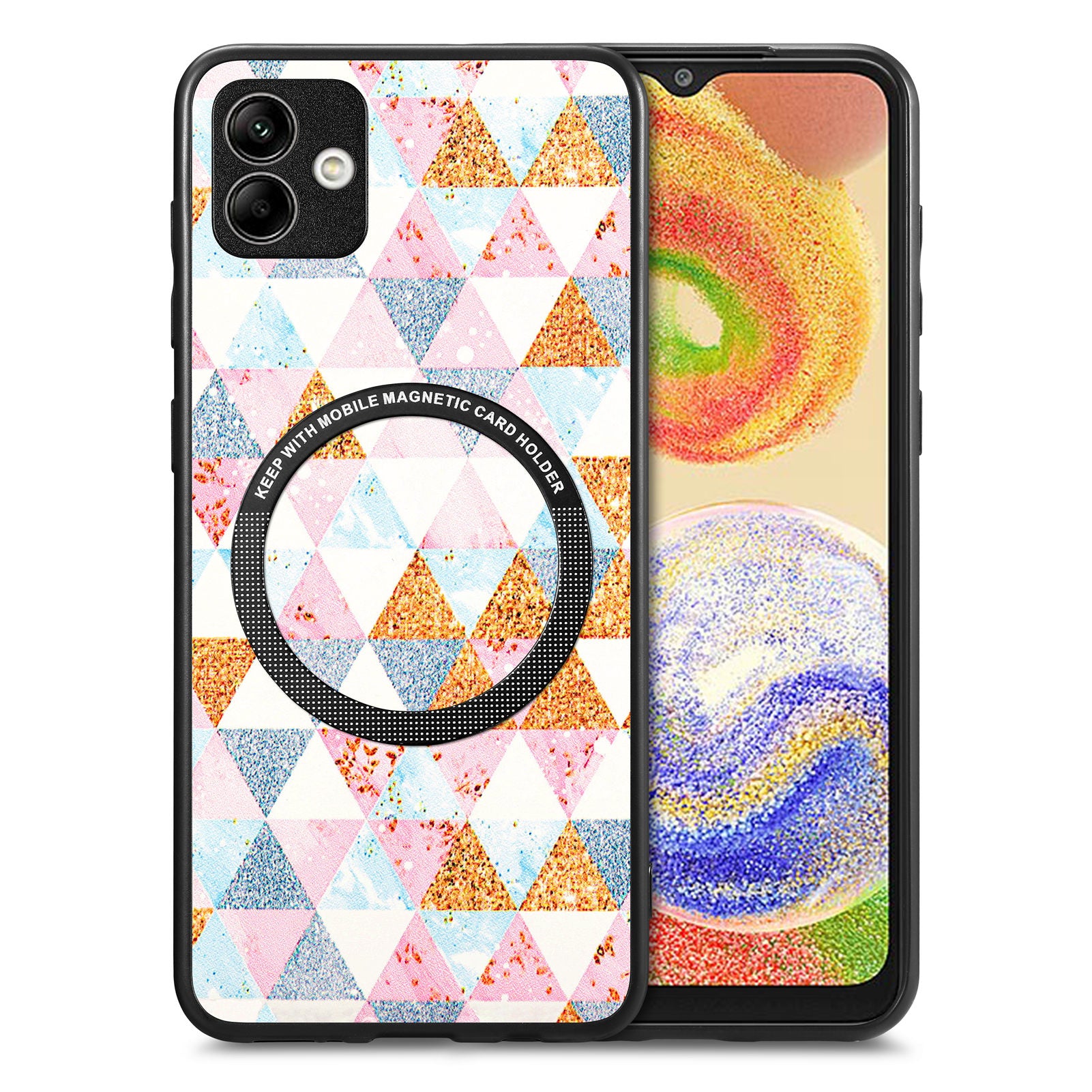 For Samsung Galaxy A04 4G (164.4 x 76.3 x 9.1 mm) Pattern Printing PU Leather Coated PC TPU Phone Cover Metal Ring Design Protection Case