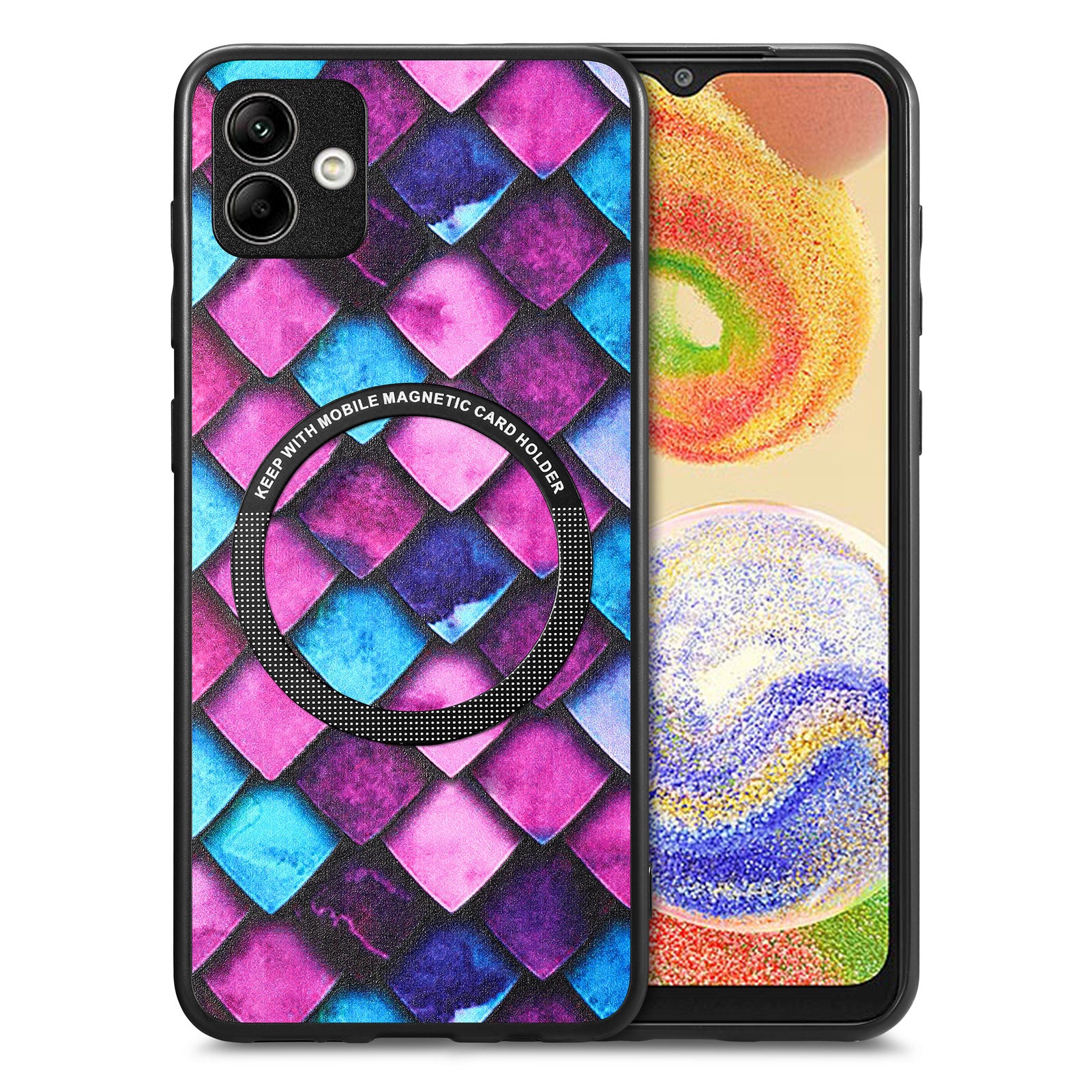 For Samsung Galaxy A04 4G (164.4 x 76.3 x 9.1 mm) Pattern Printing PU Leather Coated PC TPU Phone Cover Metal Ring Design Protection Case