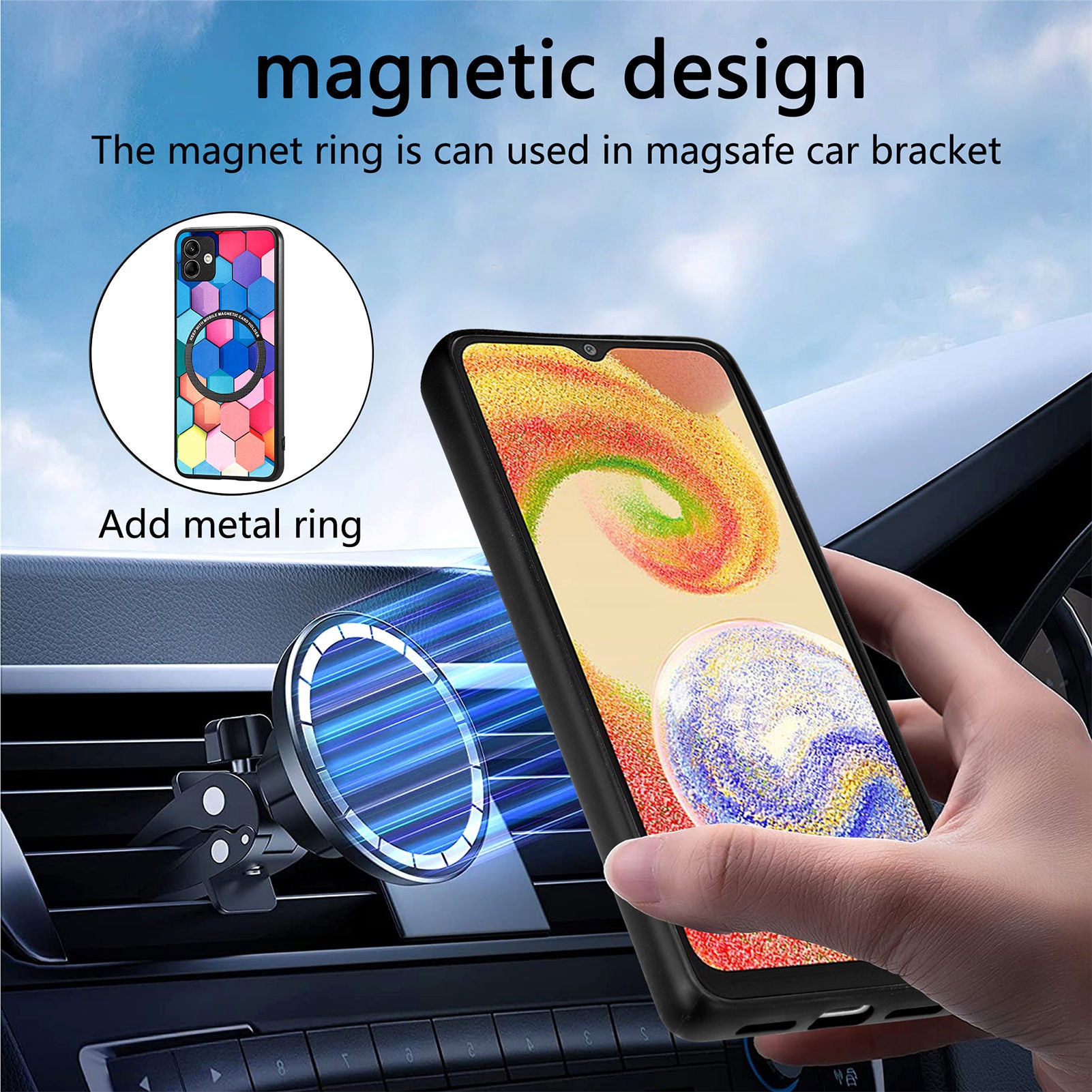 For Samsung Galaxy A04 4G (164.4 x 76.3 x 9.1 mm) Pattern Printing PU Leather Coated PC TPU Phone Cover Metal Ring Design Protection Case