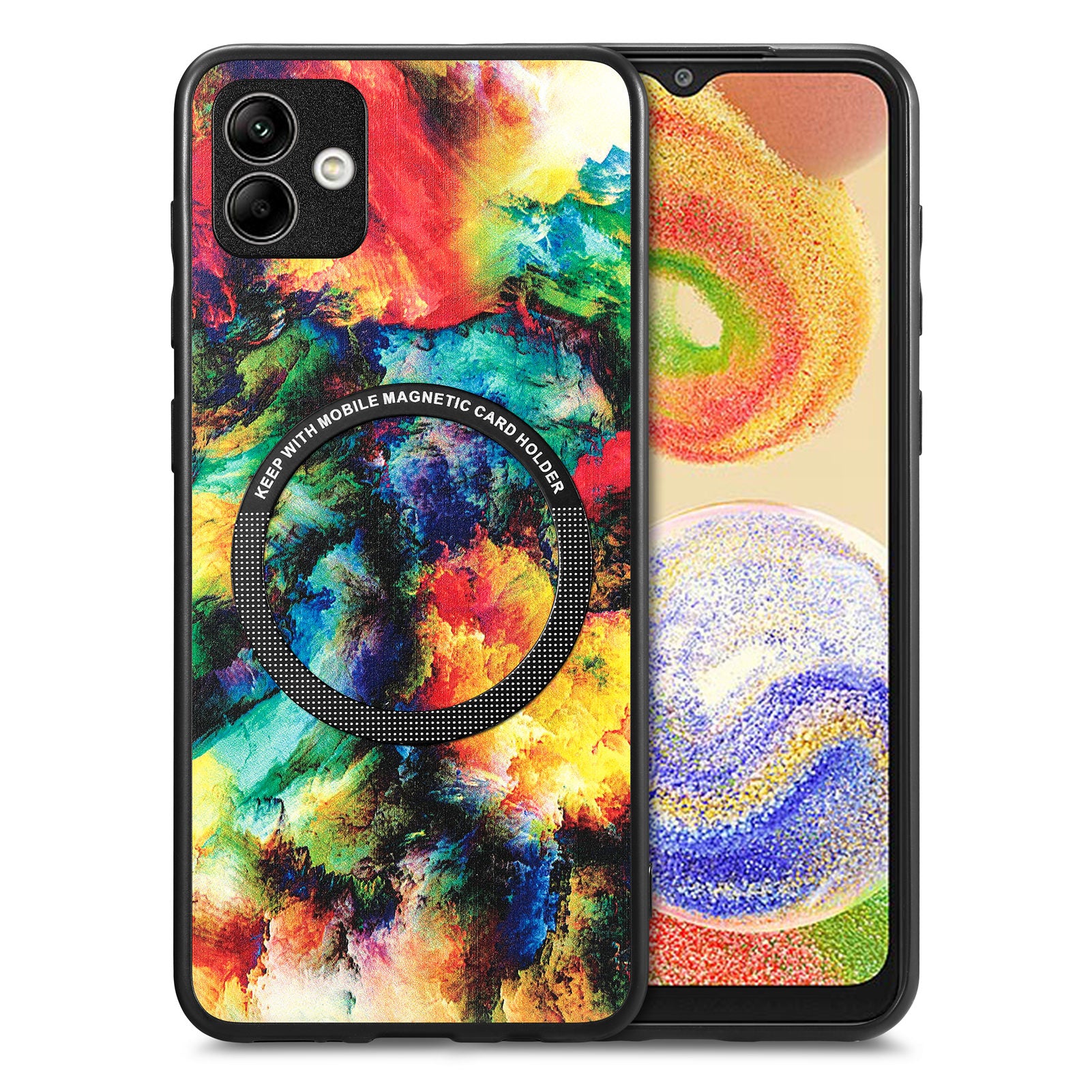 For Samsung Galaxy A04 4G (164.4 x 76.3 x 9.1 mm) Pattern Printing PU Leather Coated PC TPU Phone Cover Metal Ring Design Protection Case