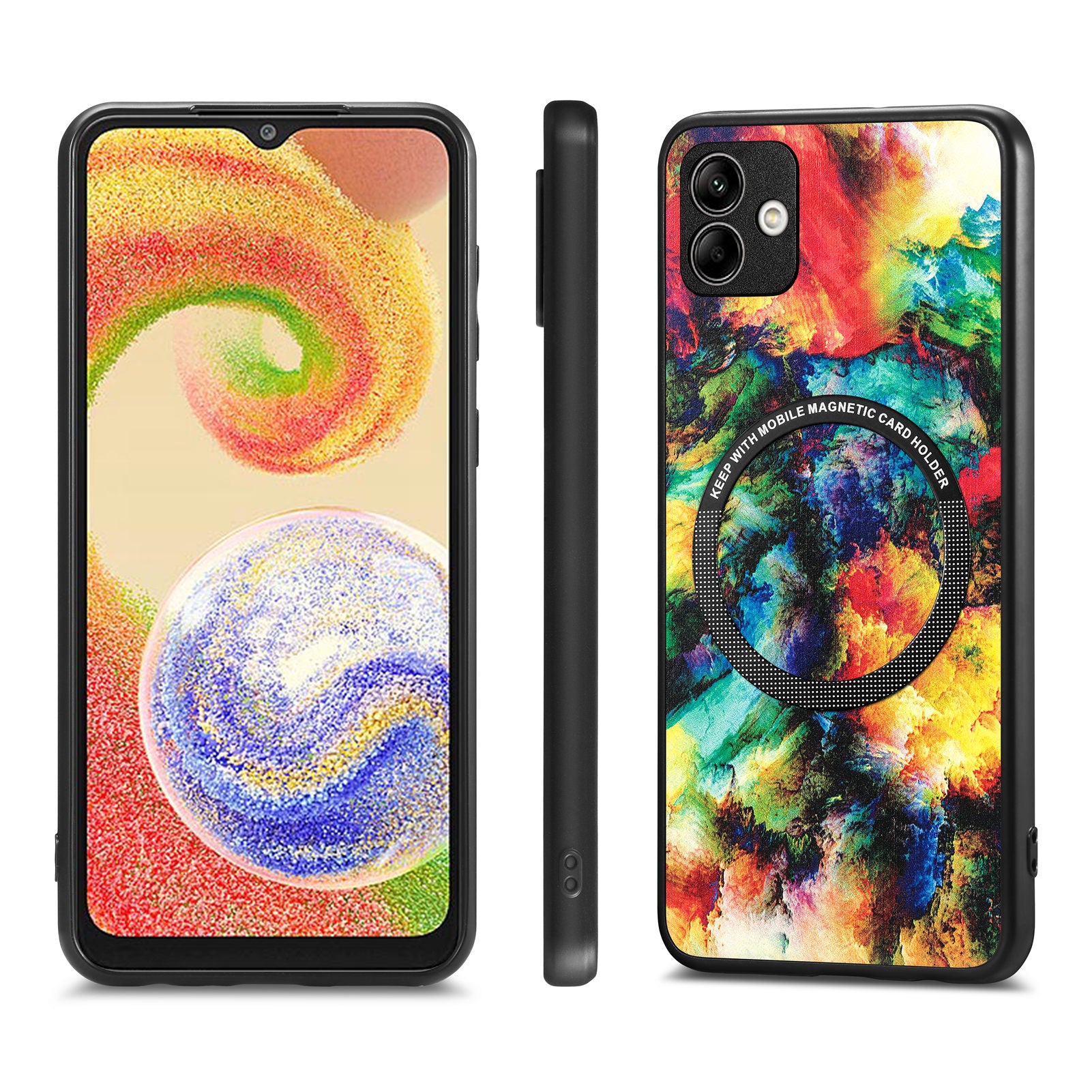 For Samsung Galaxy A04 4G (164.4 x 76.3 x 9.1 mm) Pattern Printing PU Leather Coated PC TPU Phone Cover Metal Ring Design Protection Case