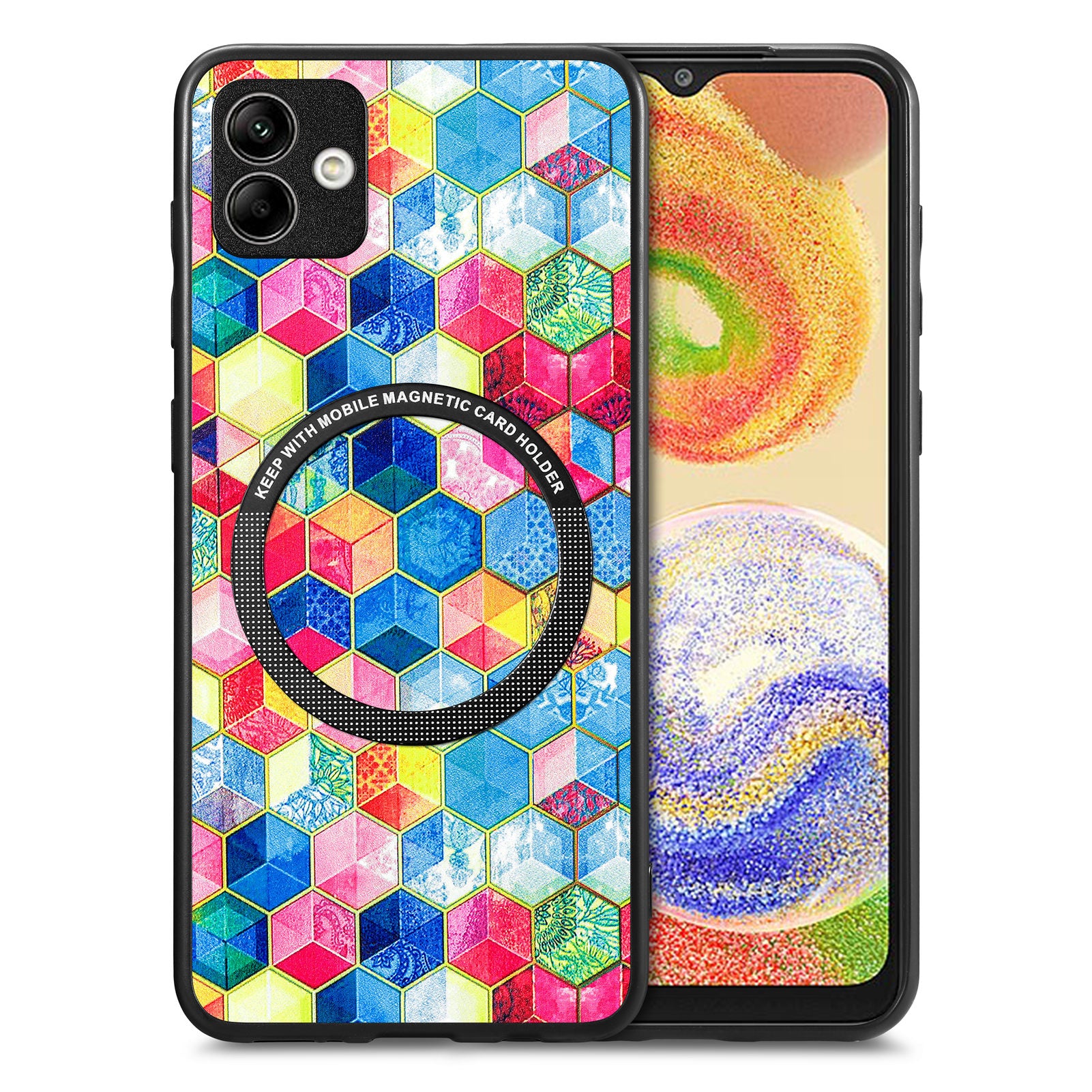 For Samsung Galaxy A04 4G (164.4 x 76.3 x 9.1 mm) Pattern Printing PU Leather Coated PC TPU Phone Cover Metal Ring Design Protection Case