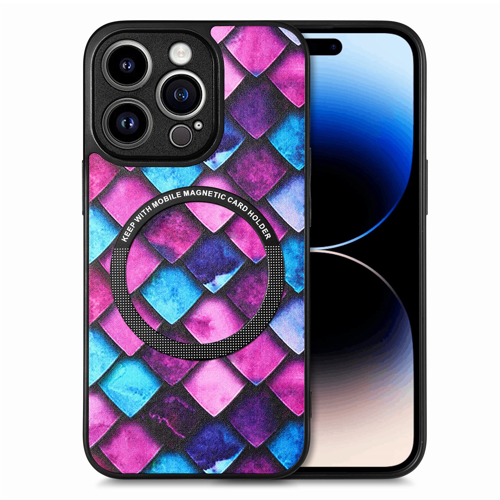 For iPhone 14 Pro Max Phone Case PC+TPU+PU Leather Mobile Phone Cover Compatible with MagSafe Charging - Iridescent Cloud