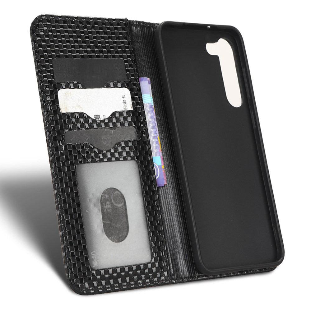 For Samsung Galaxy S23 Grid Texture PU Leather Stand Case Magnetic Auto-absorbed Phone Wallet Cover