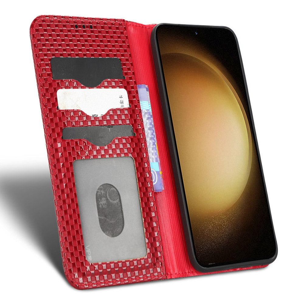 For Samsung Galaxy S23 Magnetic Auto-absorbed Stand Case Grid Texture PU Leather Phone Wallet Cover
