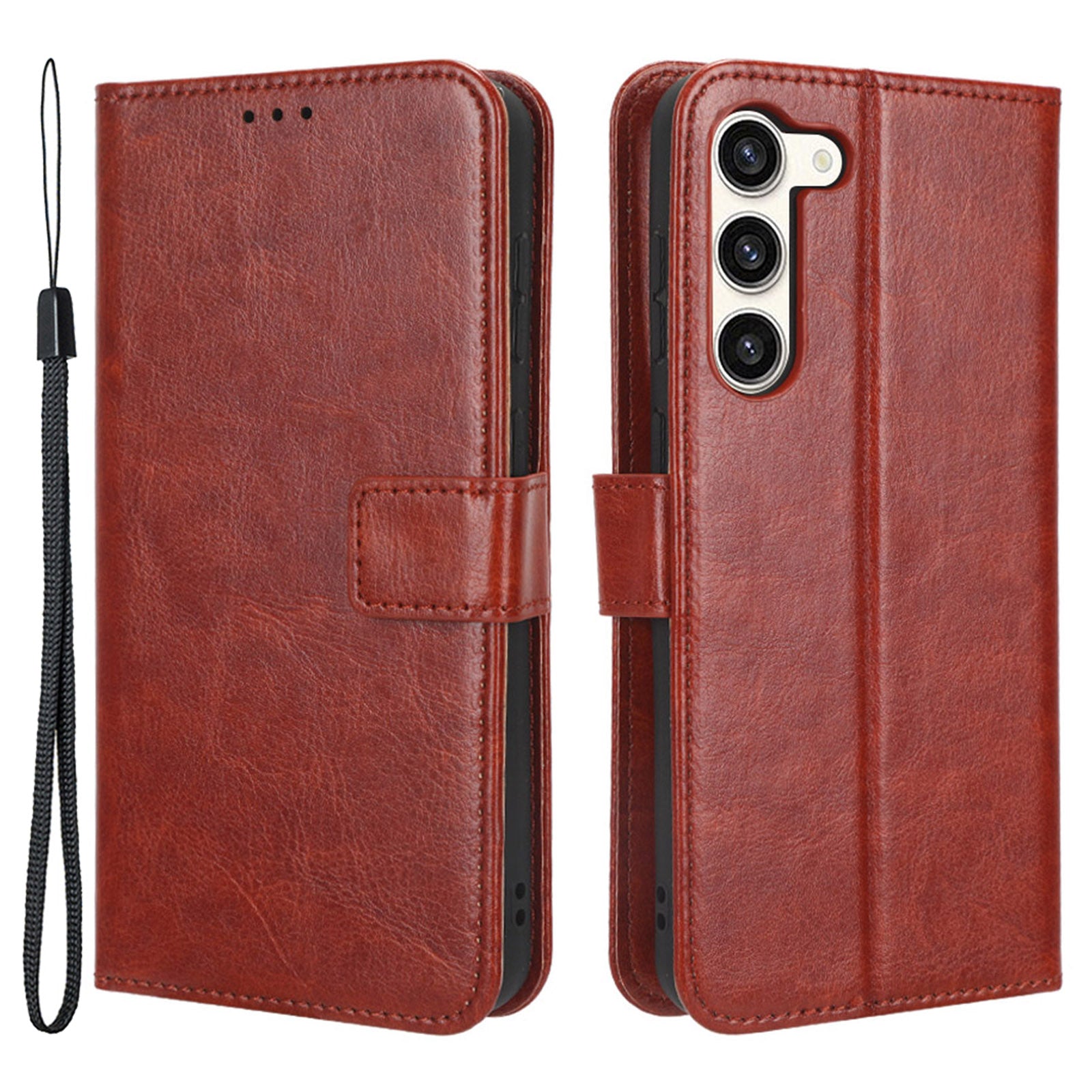 Phone Cover for Samsung Galaxy S23 Crazy Horse Texture PU Leather Flip Phone Case Wallet Stand Cover with Strap