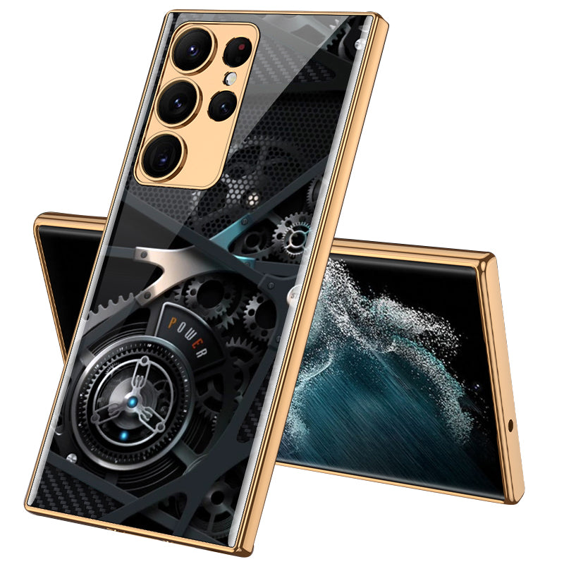GKK Style-3 For Samsung Galaxy S23 Ultra Pattern Printing Electroplated Phone Case Tempered Glass PC Anti-scratch Cover