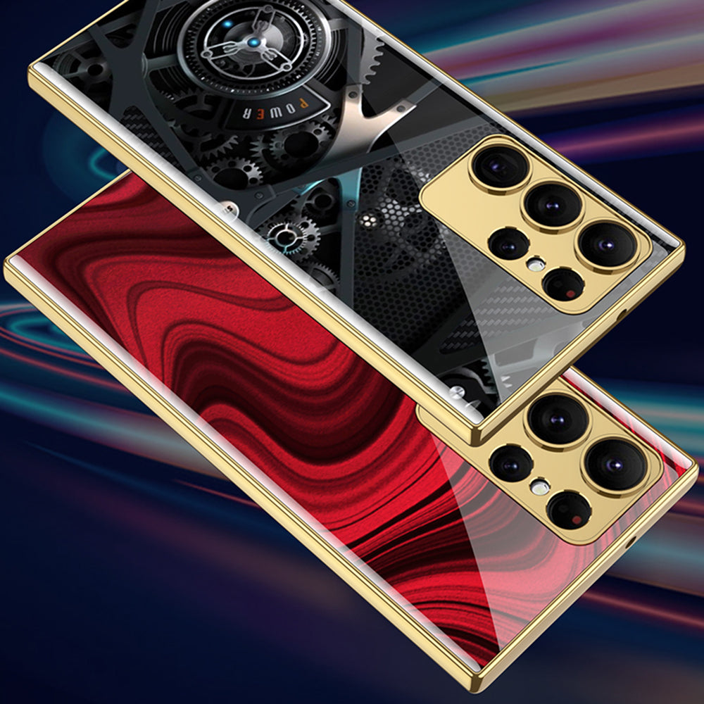 GKK Style-3 For Samsung Galaxy S23 Ultra Pattern Printing Electroplated Phone Case Tempered Glass PC Anti-scratch Cover