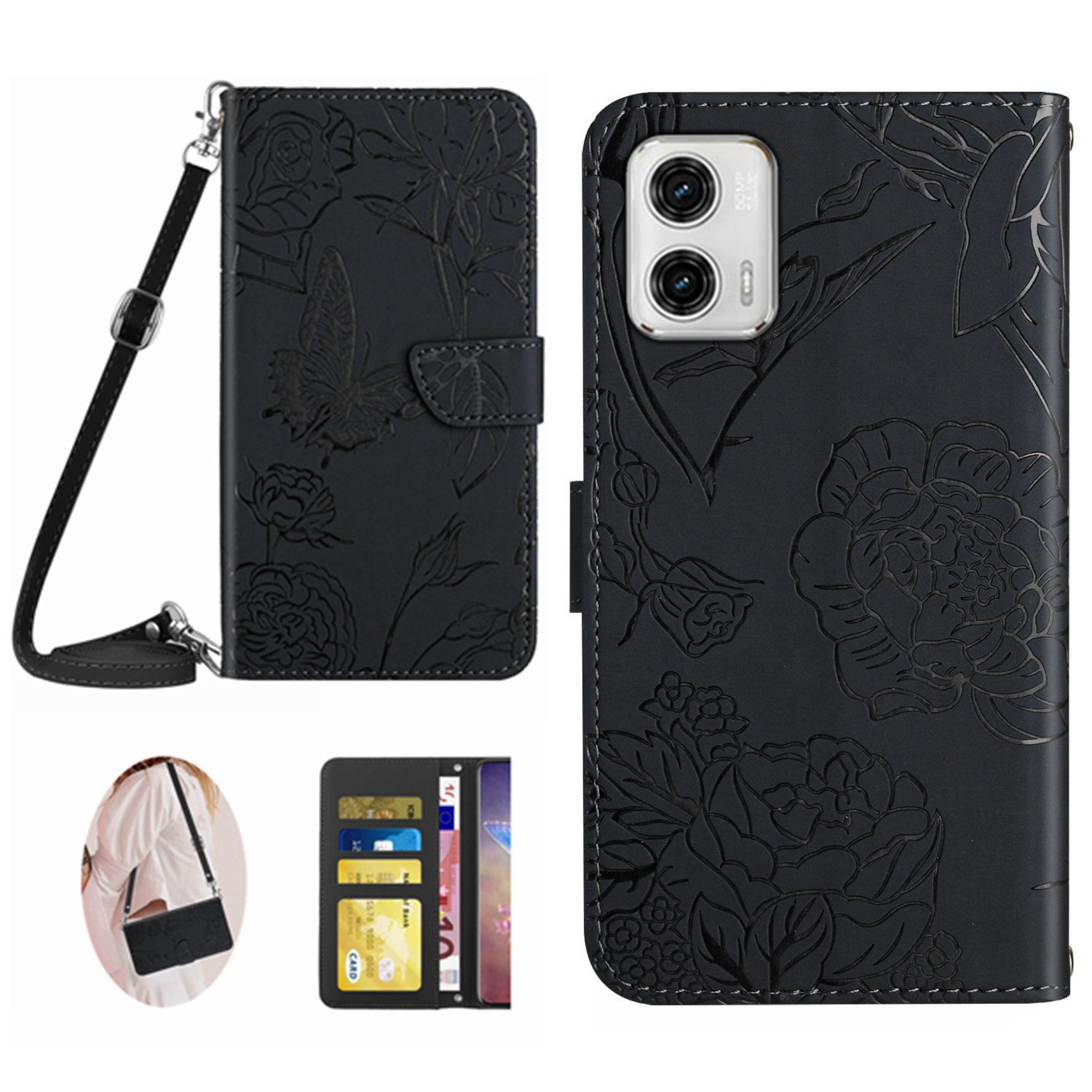HT03 For Motorola Moto G73 5G Butterfly Flowers Imprinted PU Leather Phone Stand Case Wallet Cover with Shoulder Strap