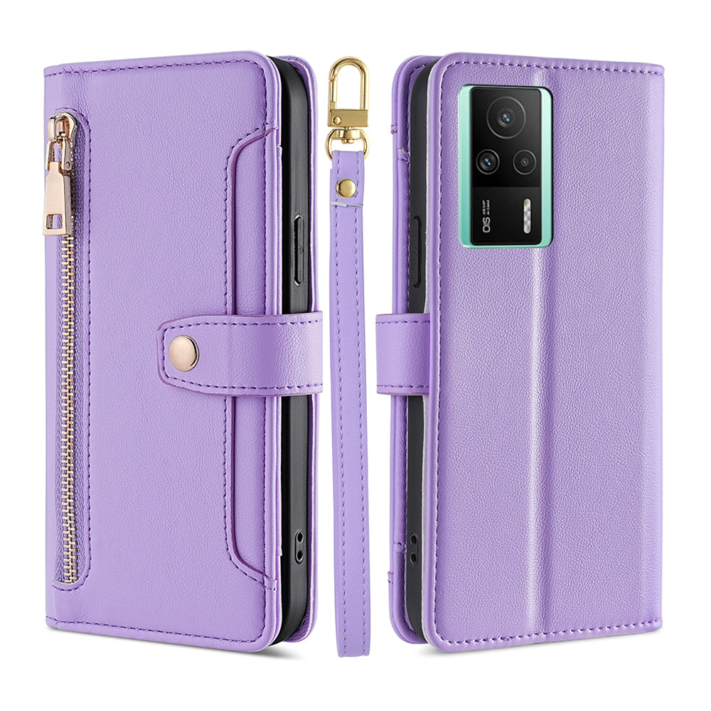 Multifunctional Phone Stand Case for Xiaomi Redmi K60E 5G Zipper Pocket Multiple Card Slots Phone Leather Cover with Wrist Strap and Shoulder Strap