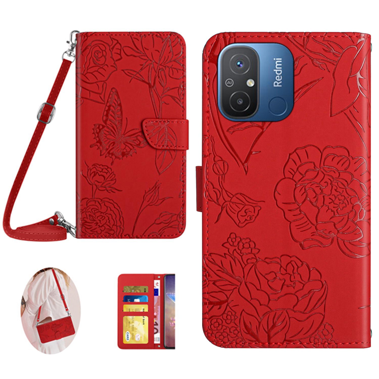 HT03 For Xiaomi Redmi 11A 4G 12C 4G Butterfly Flowers Imprinted Phone Stand Case PU Leather Wallet Cover with Shoulder Strap