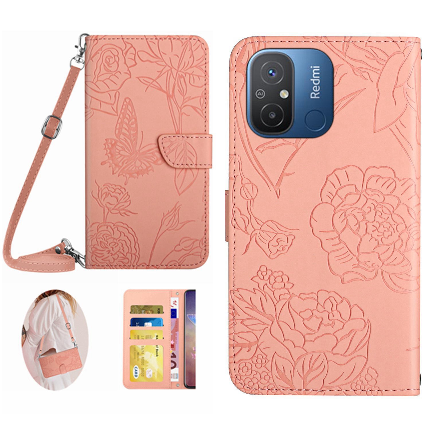 HT03 For Xiaomi Redmi 11A 4G 12C 4G Butterfly Flowers Imprinted Phone Stand Case PU Leather Wallet Cover with Shoulder Strap