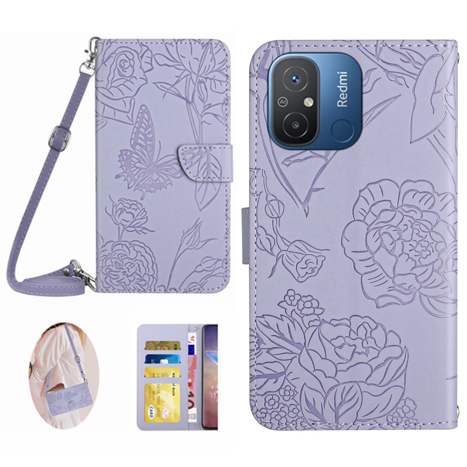 HT03 For Xiaomi Redmi 11A 4G 12C 4G Butterfly Flowers Imprinted Phone Stand Case PU Leather Wallet Cover with Shoulder Strap