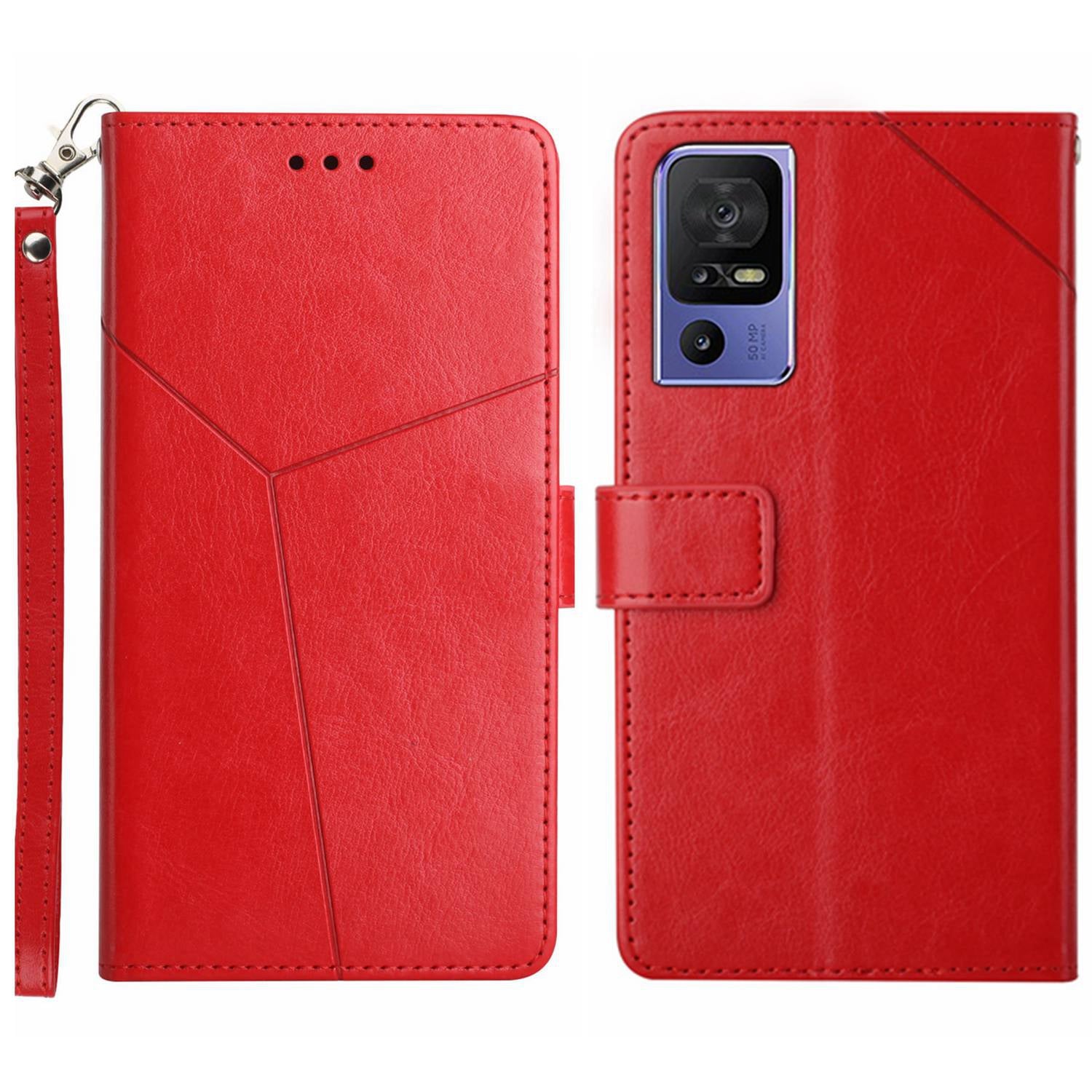 HT01 For TCL 40 SE Anti-Fingerprint Imprinted Pattern Leather Flip Phone Case Wallet Cover Stand Shell with Strap