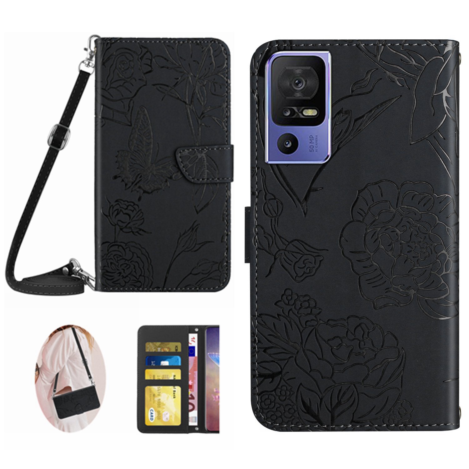 HT03 PU Leather Case for TCL 40 SE Butterfly Flowers Imprinted Stand Wallet Phone Cover with Shoulder Strap