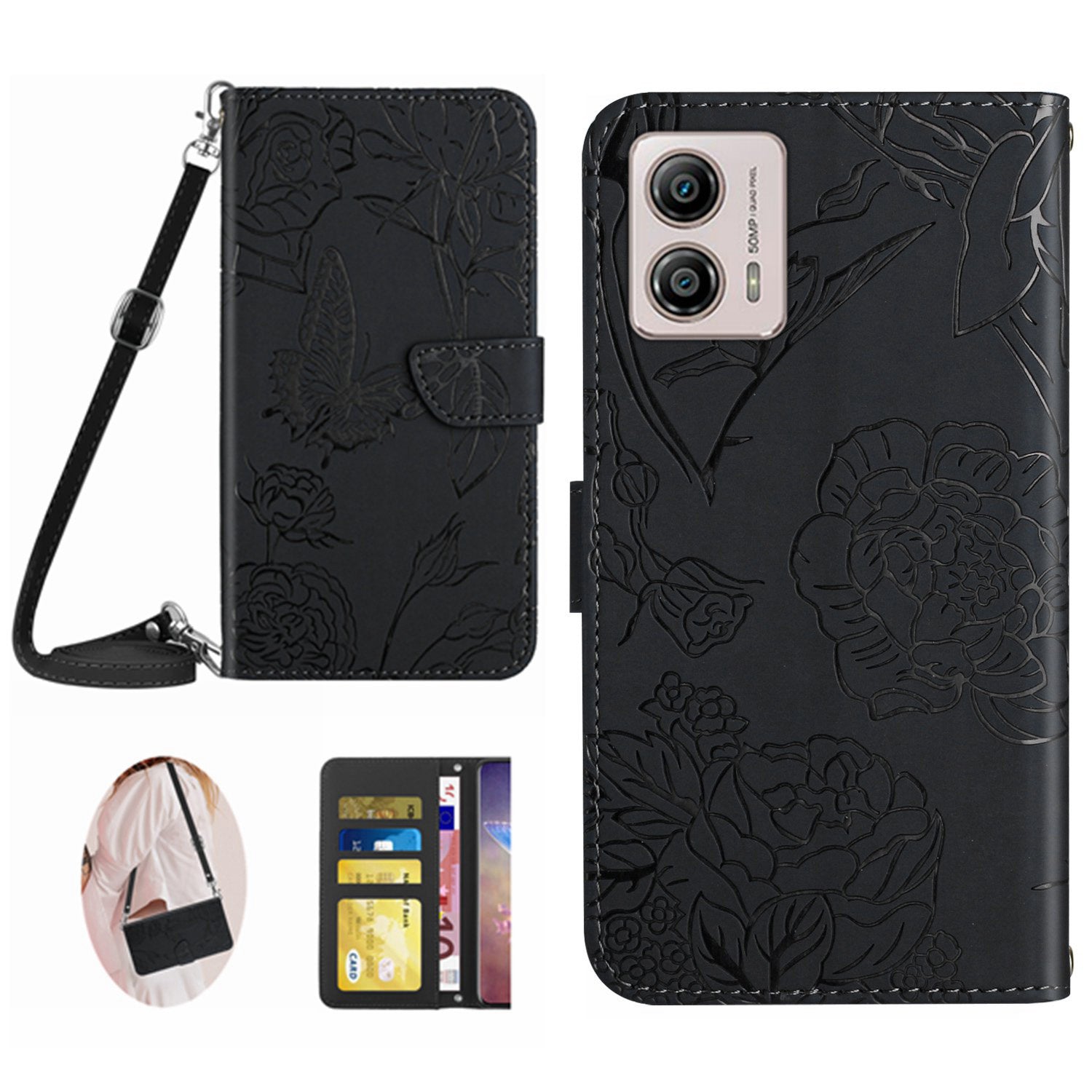 HT03 Leather Case for Motorola Moto G53 5G Butterfly Flowers Imprinted Stand Wallet Cover with Shoulder Strap