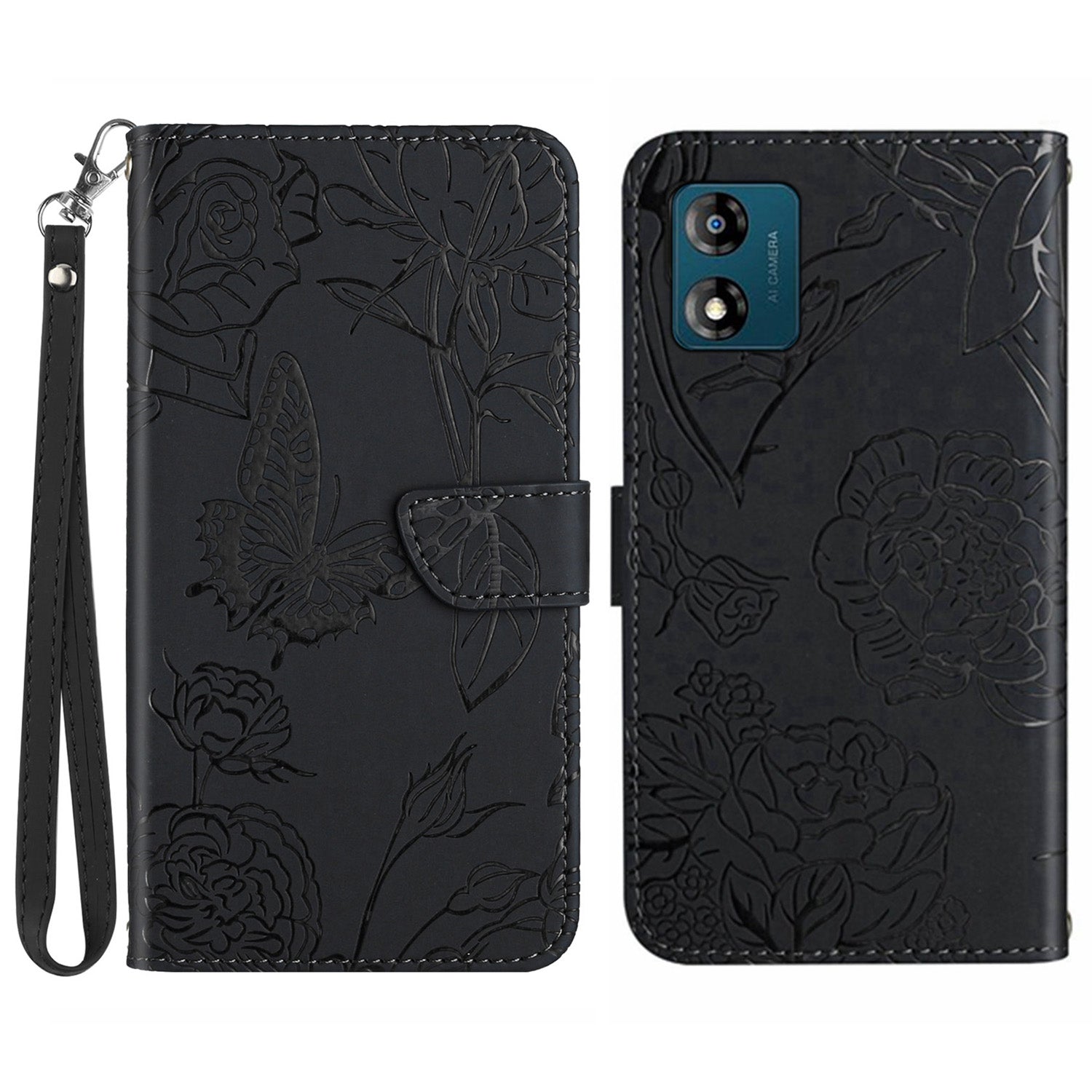 HT03 PU Leather Phone Case for Motorola Moto E13 4G Skin-touch Feeling Stand Imprinted Butterfly Flowers Phone Cover with Strap