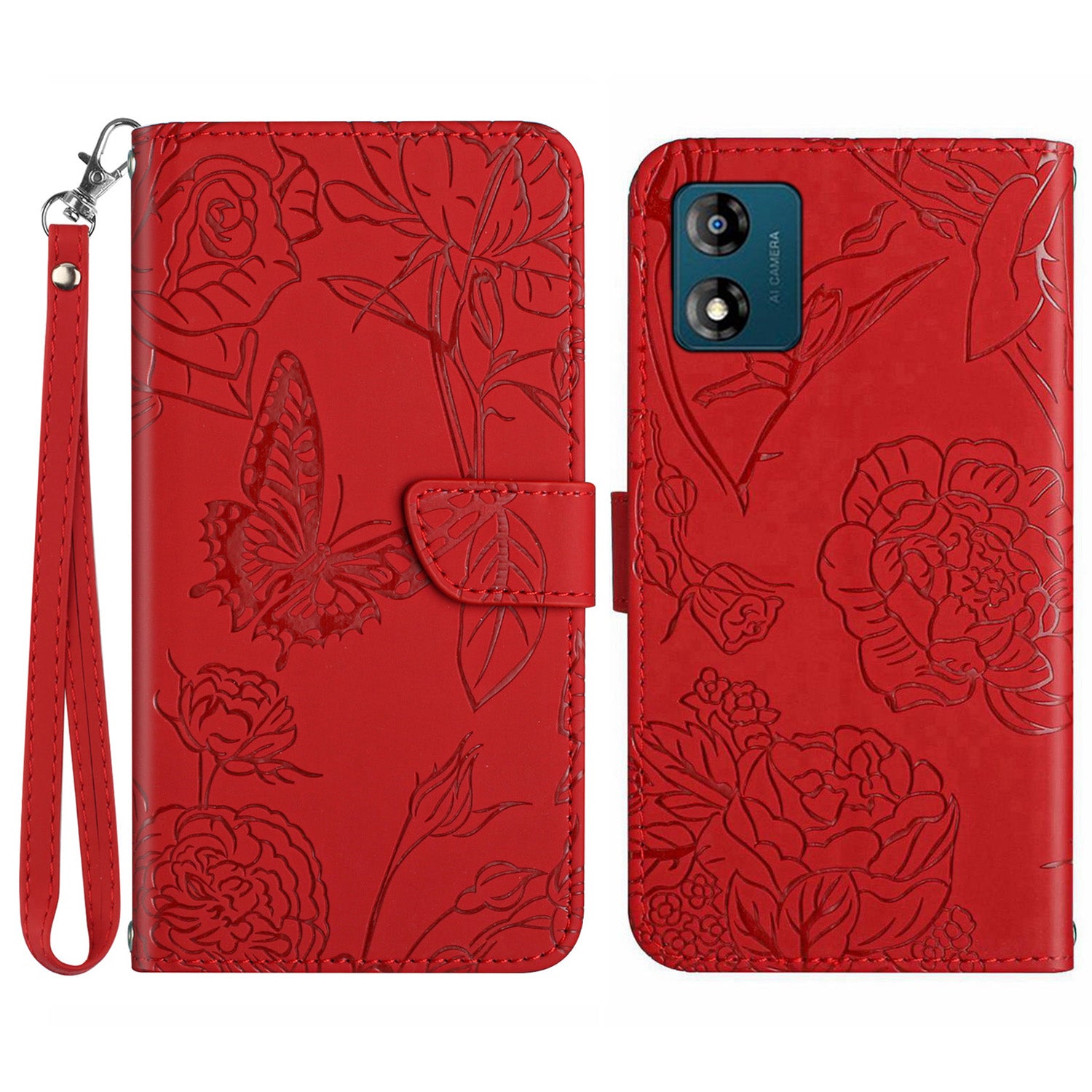 HT03 PU Leather Phone Case for Motorola Moto E13 4G Skin-touch Feeling Stand Imprinted Butterfly Flowers Phone Cover with Strap