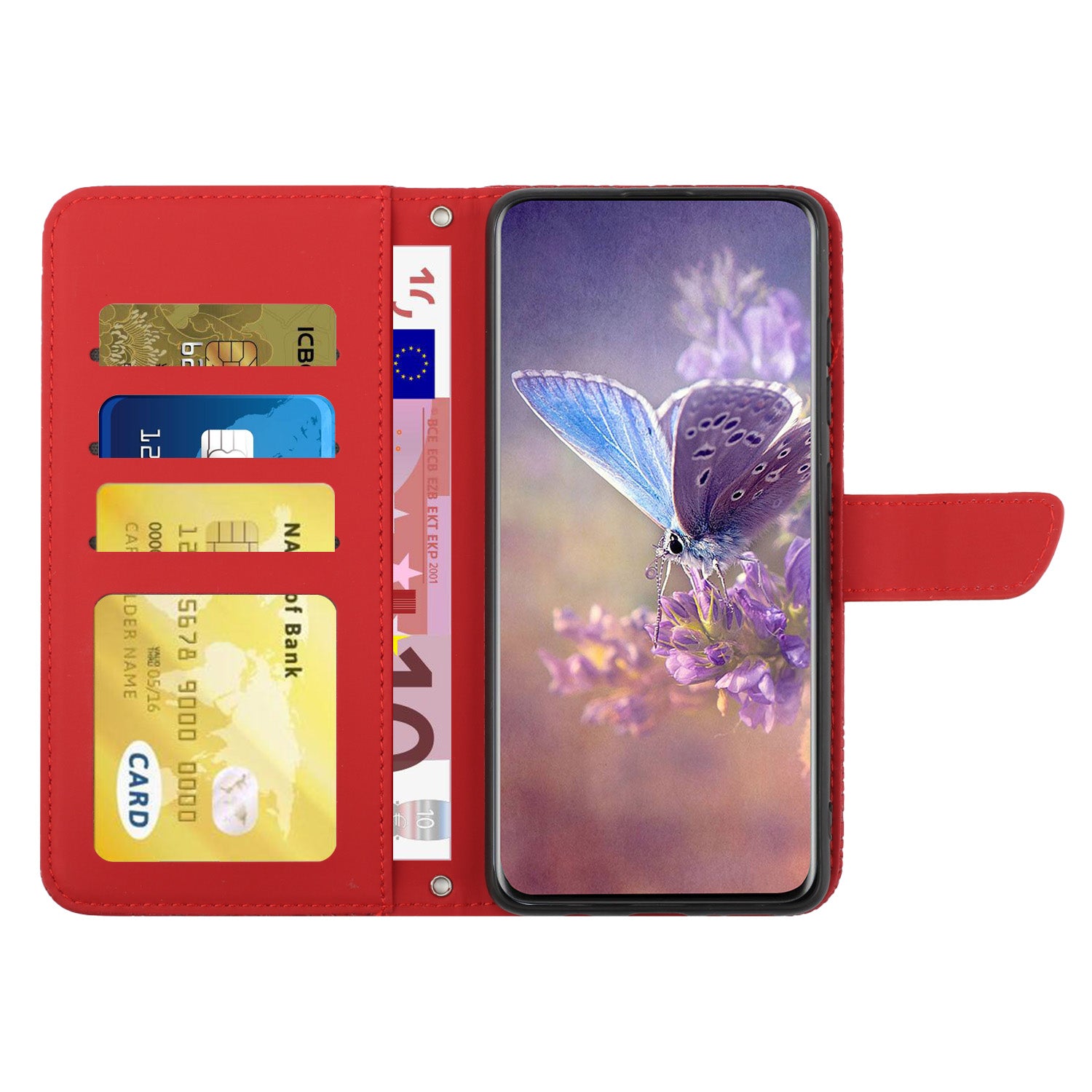 HT03 PU Leather Phone Case for Motorola Moto E13 4G Skin-touch Feeling Stand Imprinted Butterfly Flowers Phone Cover with Strap