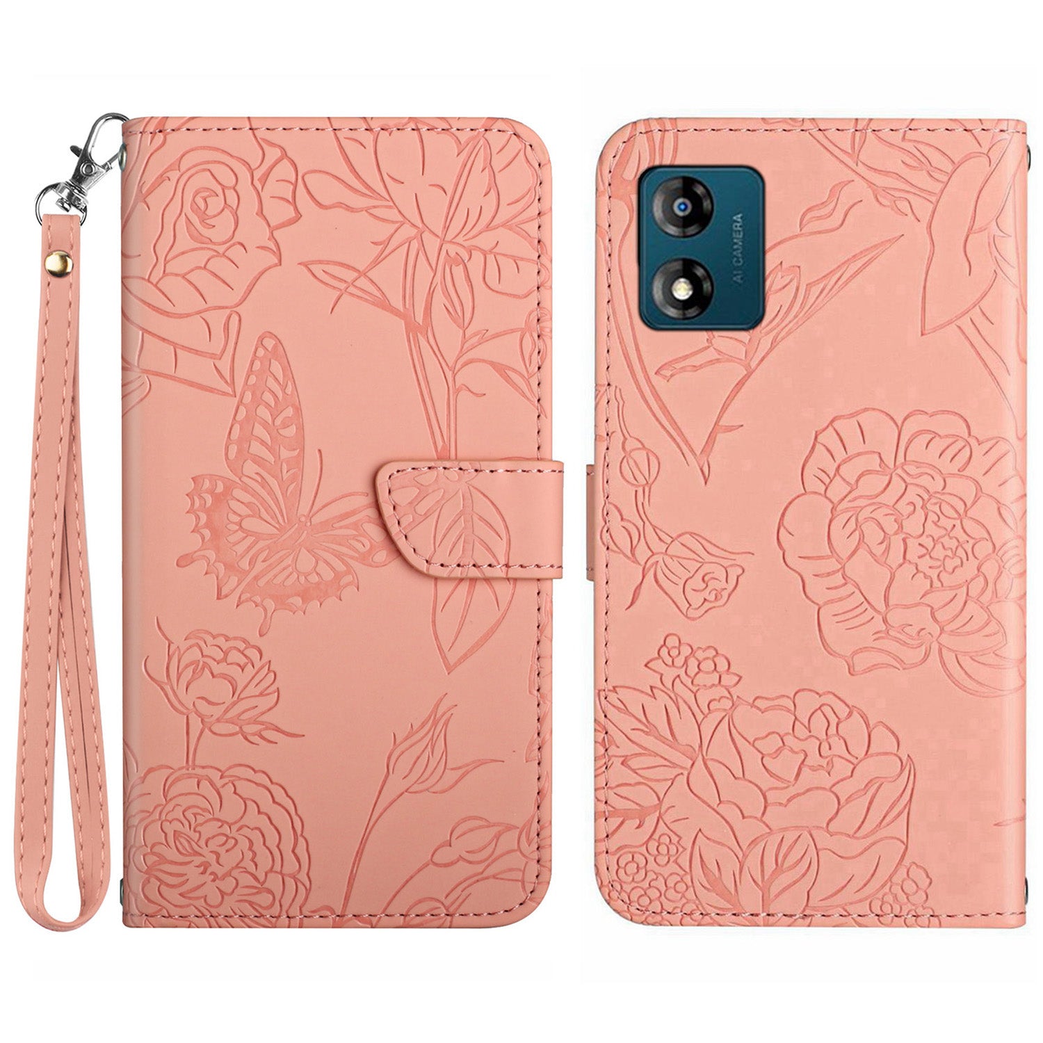 HT03 PU Leather Phone Case for Motorola Moto E13 4G Skin-touch Feeling Stand Imprinted Butterfly Flowers Phone Cover with Strap
