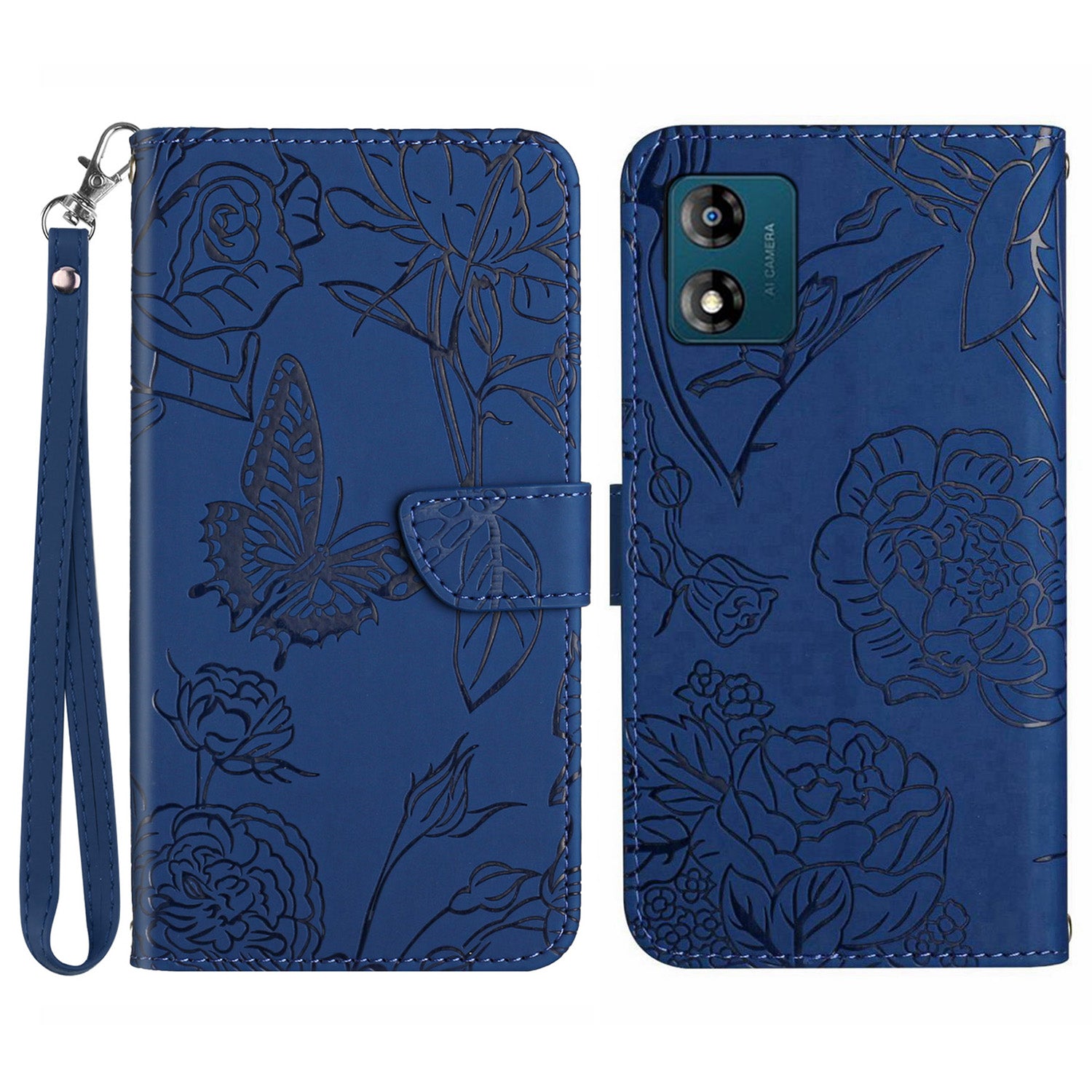 HT03 PU Leather Phone Case for Motorola Moto E13 4G Skin-touch Feeling Stand Imprinted Butterfly Flowers Phone Cover with Strap