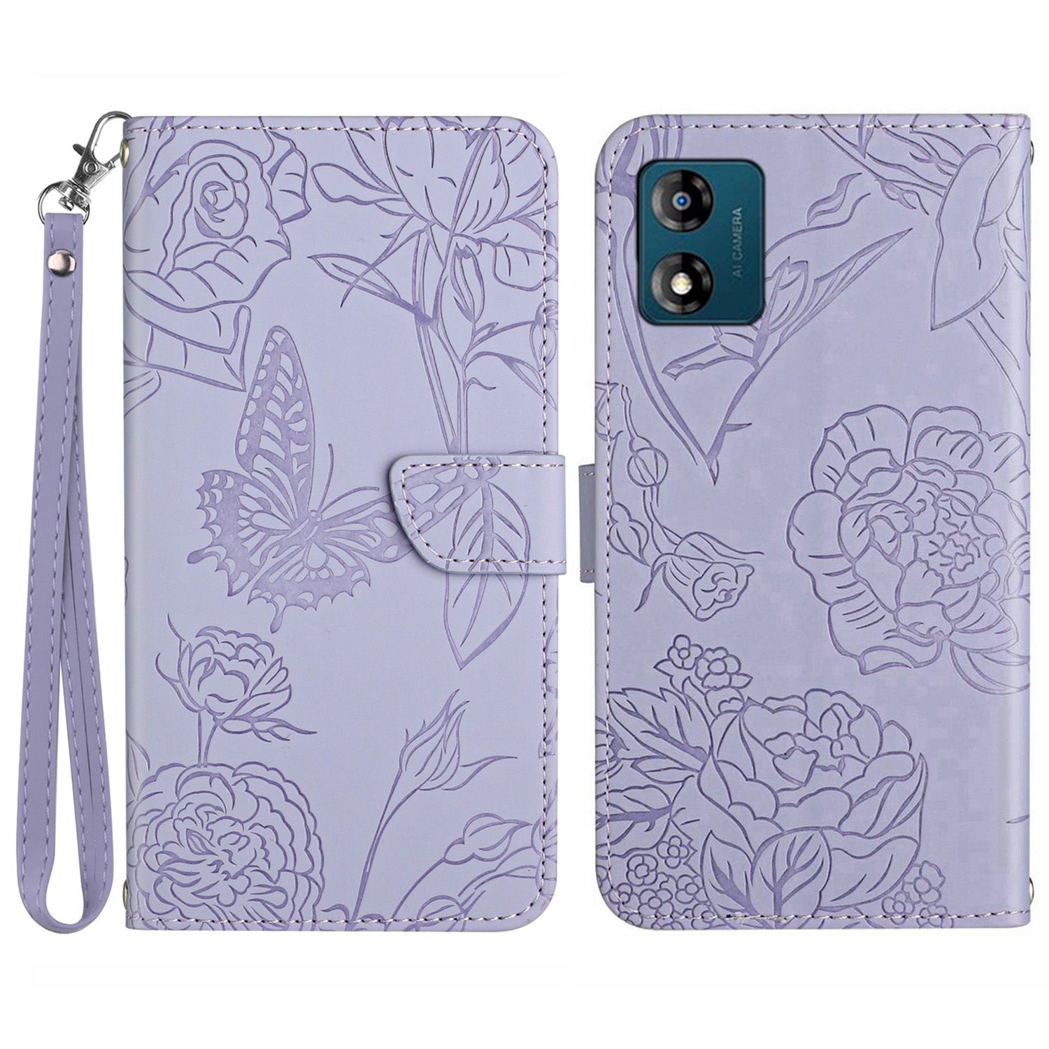 HT03 PU Leather Phone Case for Motorola Moto E13 4G Skin-touch Feeling Stand Imprinted Butterfly Flowers Phone Cover with Strap