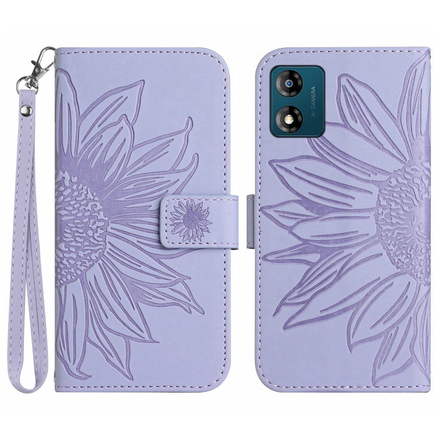 Skin-friendly Phone Case For Motorola Moto E13 4G HT04 Sunflower Imprinted Stand Leather Anti-drop Phone Cover with Hand Strap