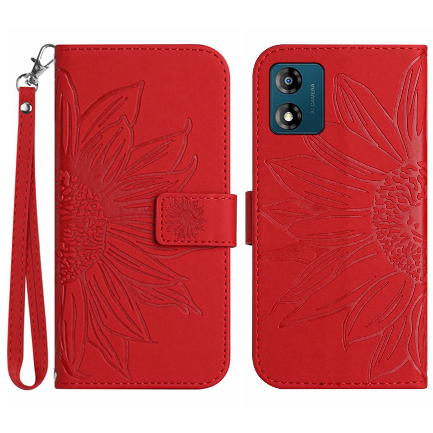 Skin-friendly Phone Case For Motorola Moto E13 4G HT04 Sunflower Imprinted Stand Leather Anti-drop Phone Cover with Hand Strap