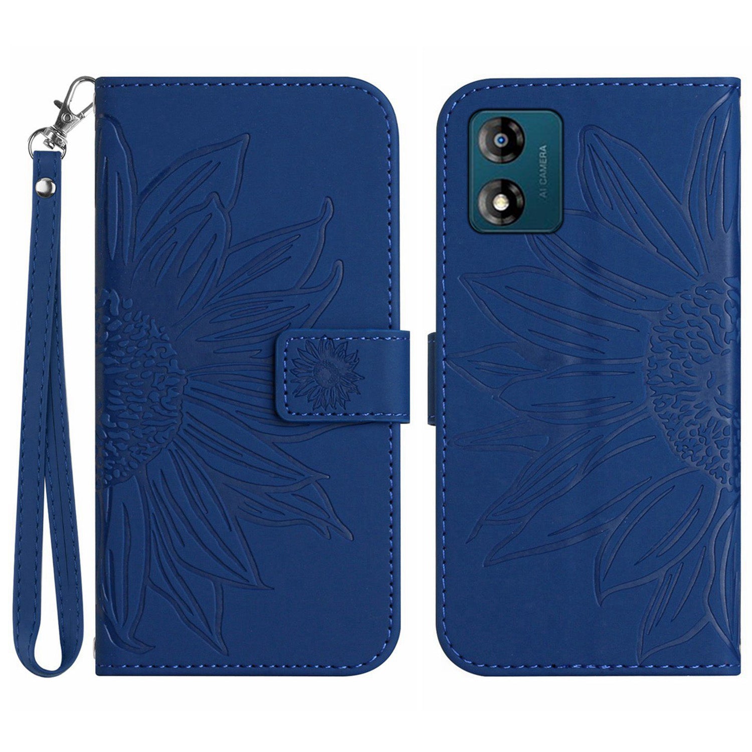 Skin-friendly Phone Case For Motorola Moto E13 4G HT04 Sunflower Imprinted Stand Leather Anti-drop Phone Cover with Hand Strap