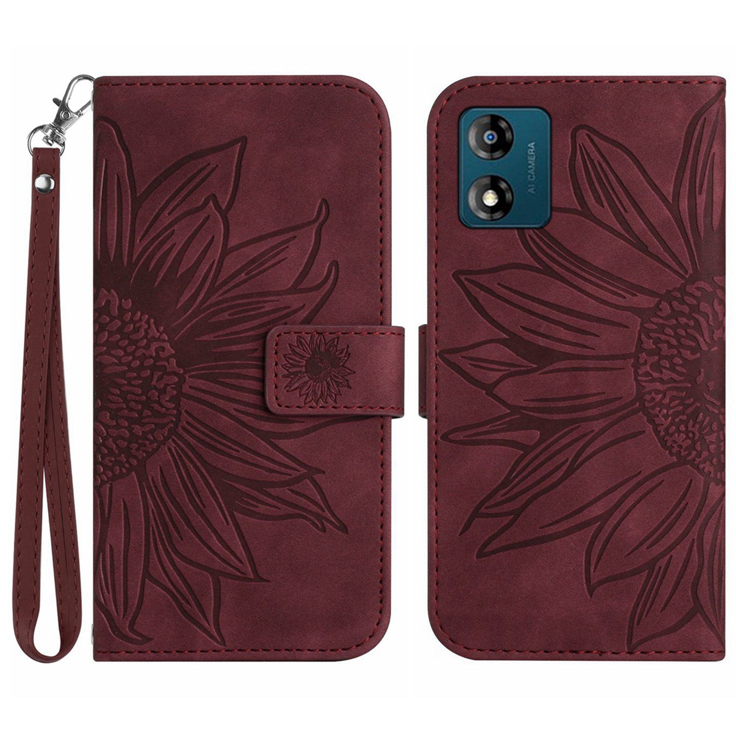 Skin-friendly Phone Case For Motorola Moto E13 4G HT04 Sunflower Imprinted Stand Leather Anti-drop Phone Cover with Hand Strap