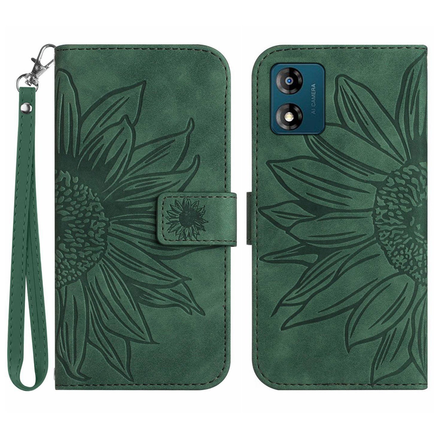 Skin-friendly Phone Case For Motorola Moto E13 4G HT04 Sunflower Imprinted Stand Leather Anti-drop Phone Cover with Hand Strap