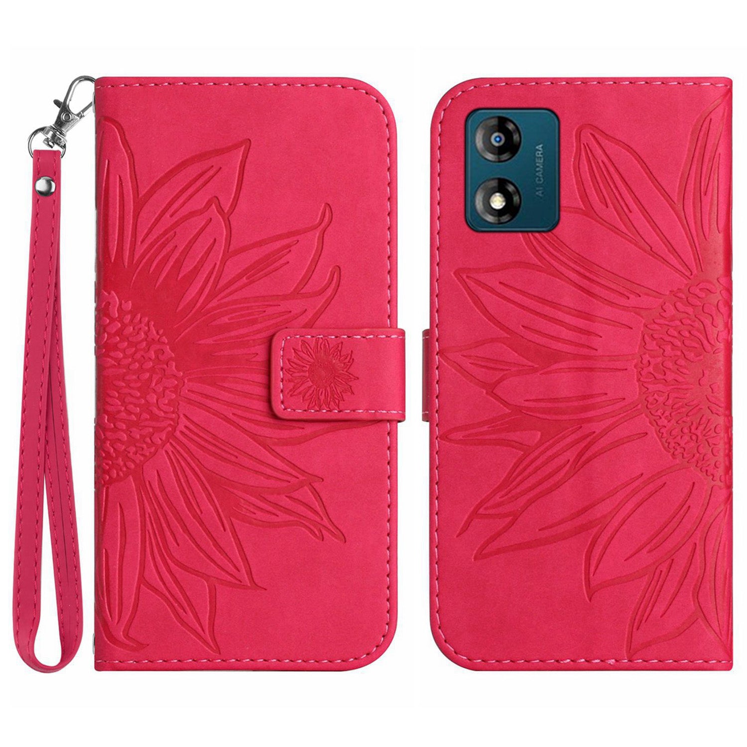 Skin-friendly Phone Case For Motorola Moto E13 4G HT04 Sunflower Imprinted Stand Leather Anti-drop Phone Cover with Hand Strap