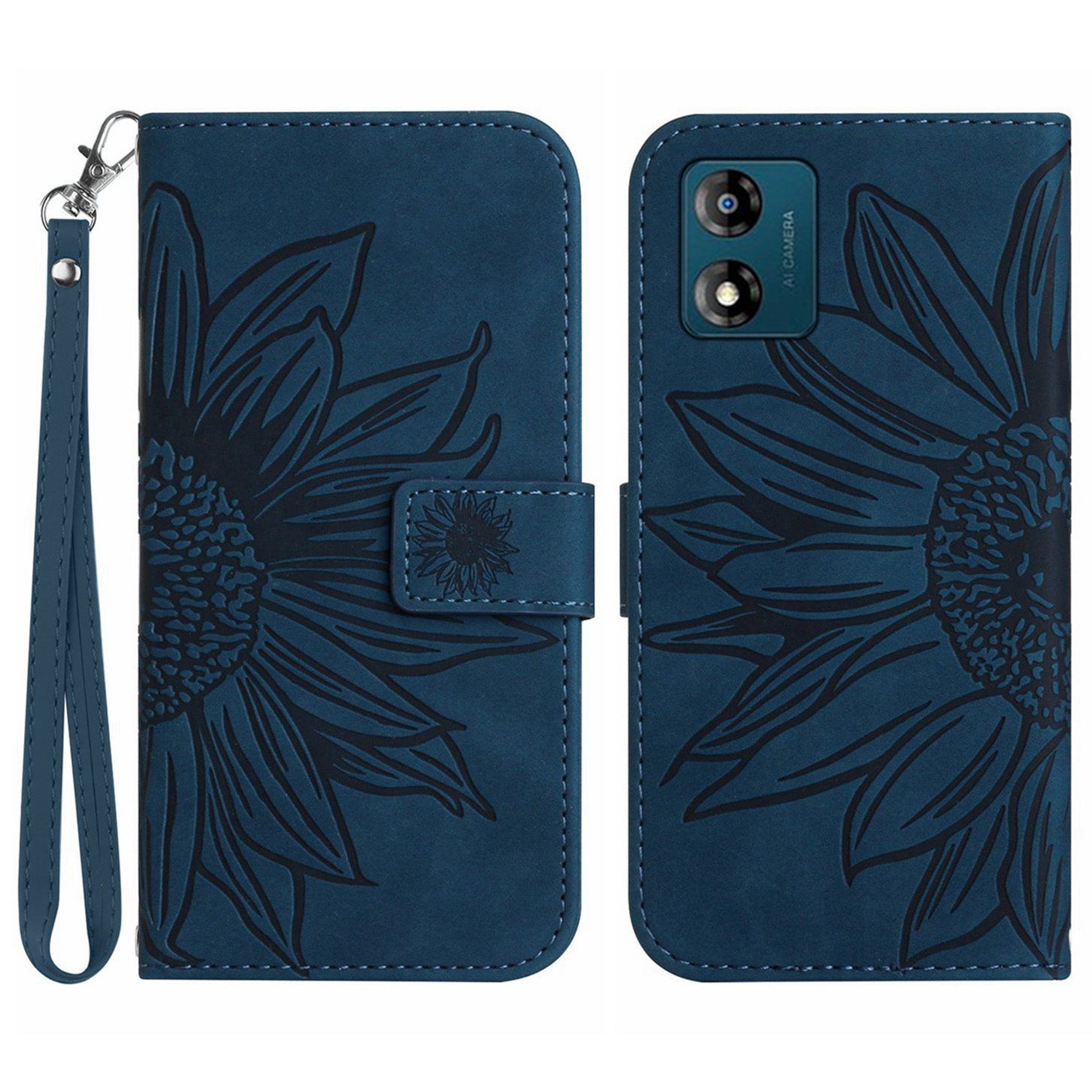 Skin-friendly Phone Case For Motorola Moto E13 4G HT04 Sunflower Imprinted Stand Leather Anti-drop Phone Cover with Hand Strap