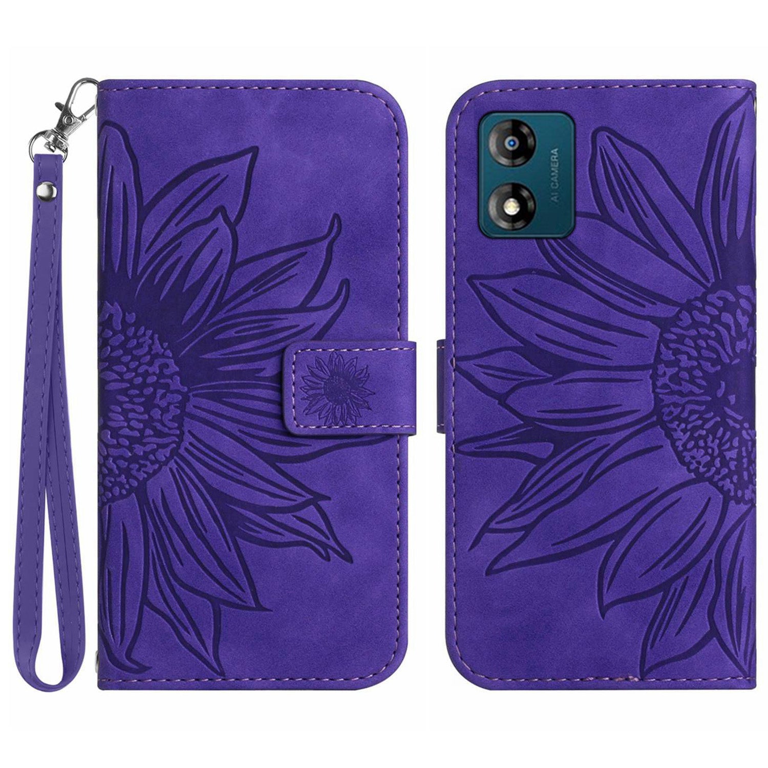 Skin-friendly Phone Case For Motorola Moto E13 4G HT04 Sunflower Imprinted Stand Leather Anti-drop Phone Cover with Hand Strap