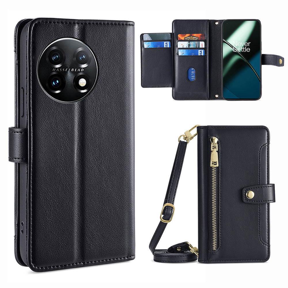 Shockproof Phone Case for OnePlus 11 5G Zipper Pocket Card Slots Flip Leather Phone Cover with Straps