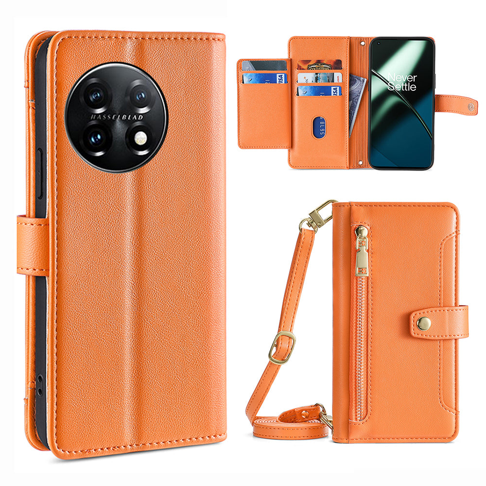 Shockproof Phone Case for OnePlus 11 5G Zipper Pocket Card Slots Flip Leather Phone Cover with Straps