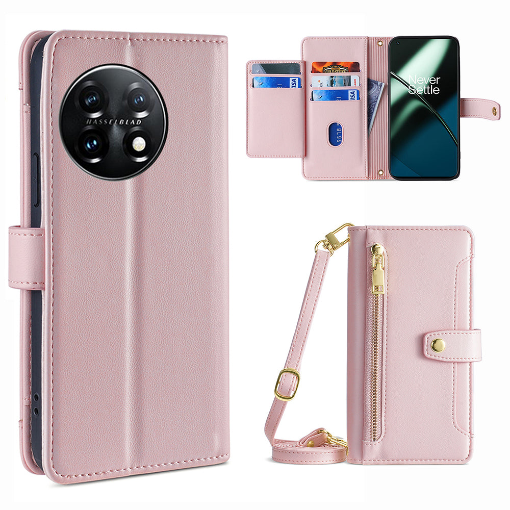 Shockproof Phone Case for OnePlus 11 5G Zipper Pocket Card Slots Flip Leather Phone Cover with Straps