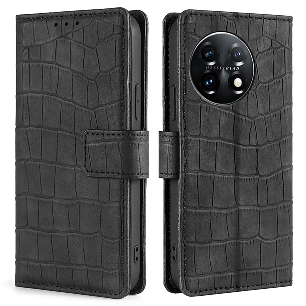 Skin-friendly Phone Case For OnePlus 11 5G Wallet Stand Crocodile Texture PU Leather TPU Anti-fall Cell Phone Cover