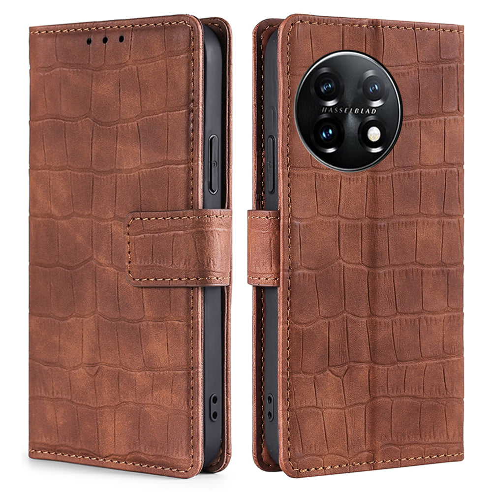 Skin-friendly Phone Case For OnePlus 11 5G Wallet Stand Crocodile Texture PU Leather TPU Anti-fall Cell Phone Cover
