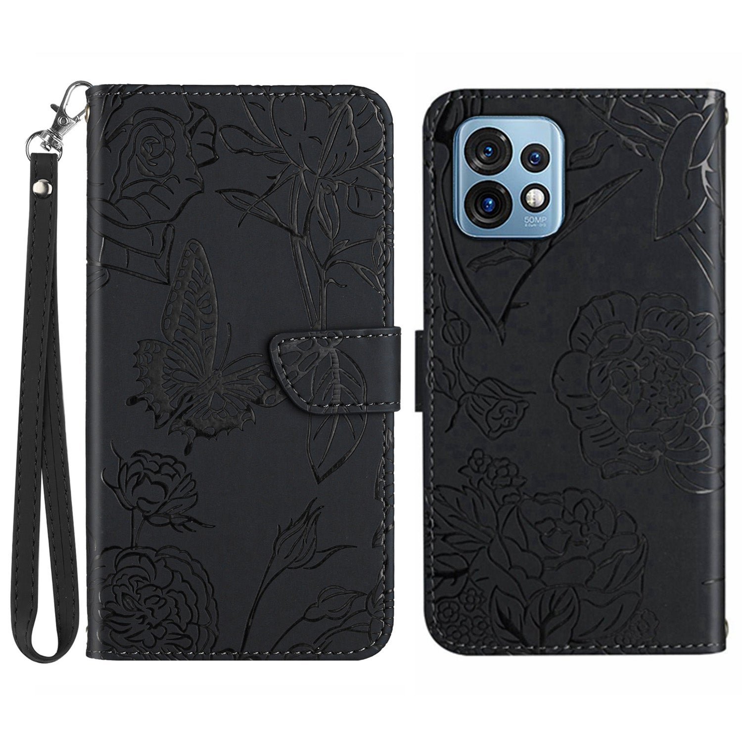 HT03 PU Leather Shell for Motorola Edge (2023) Edge 40 Pro 5G Moto X40 5G Imprinted Butterfly Flowers Cover Skin-touch Magnetic Flip Stand Case with Strap
