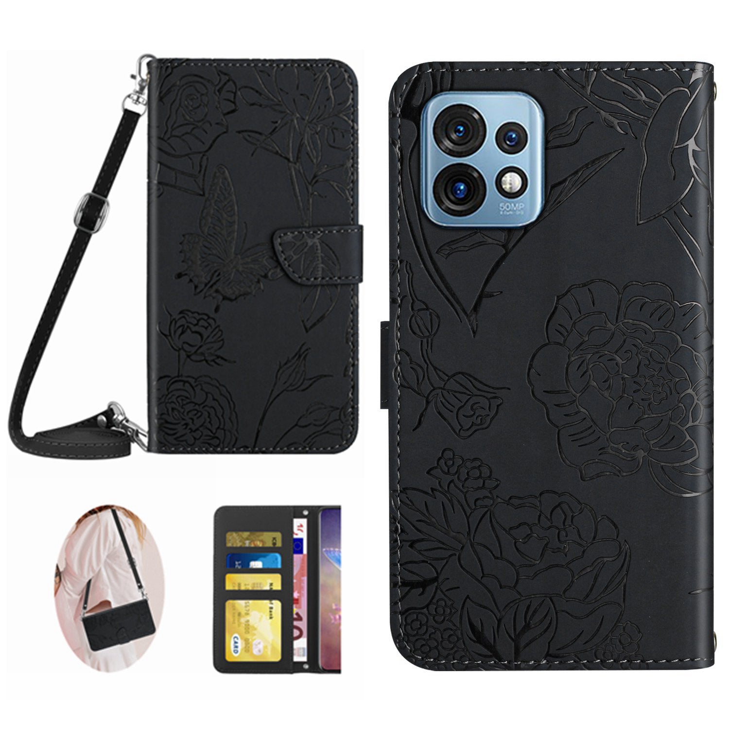 HT03 For Motorola Edge (2023) Edge 40 Pro 5G Moto X40 5G Butterfly Flowers Imprinted Stand Wallet Leather Case with Shoulder Strap