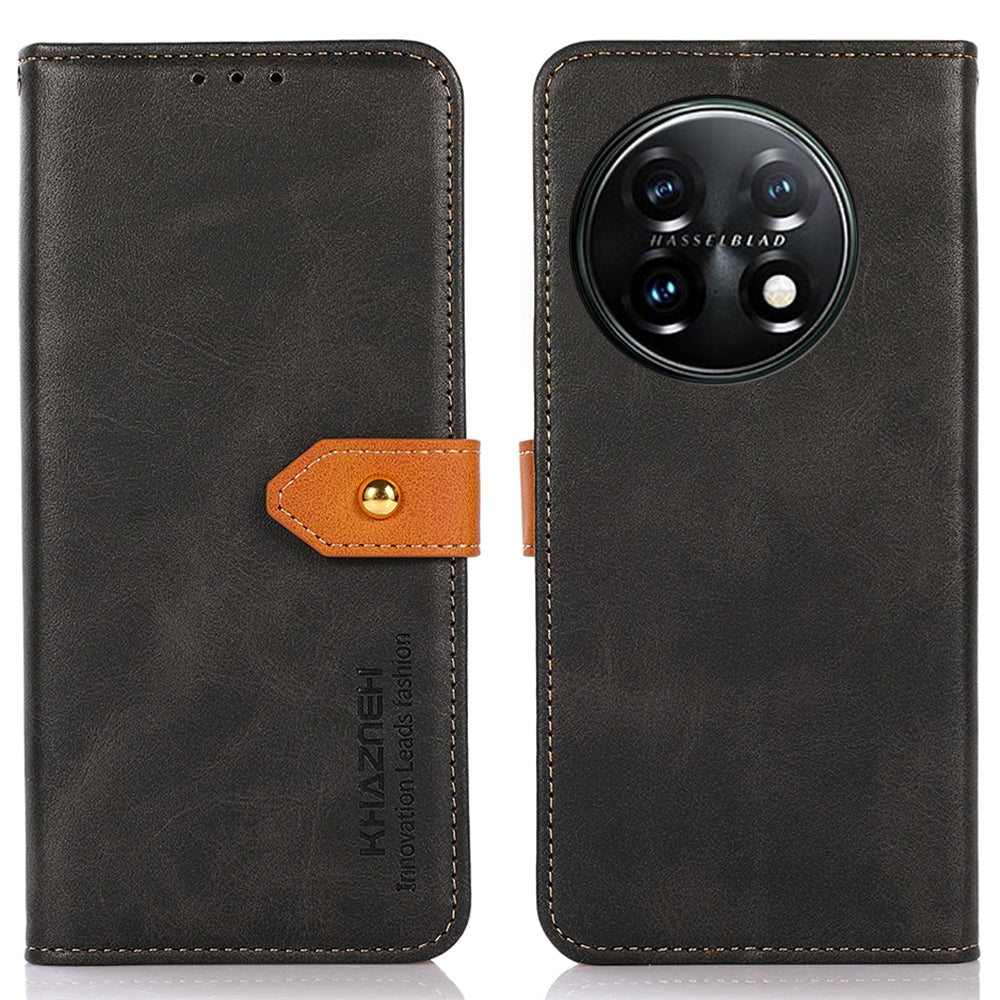 KHAZNEH For OnePlus 11 5G Cowhide Texture PU Leather Phone Case Gold Buckle Stand Wallet Flip Protective Cover