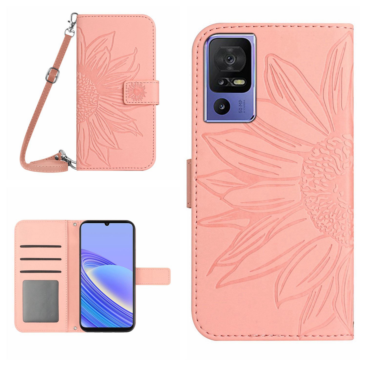 For TCL 40 SE HT04 PU Leather Cover Sunflower Imprinted Stand Wallet Phone Case with Shoulder Strap