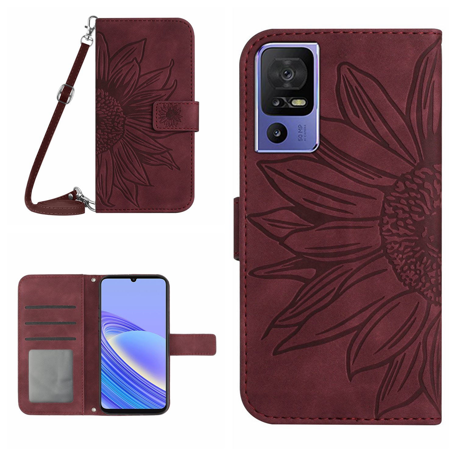 For TCL 40 SE HT04 PU Leather Cover Sunflower Imprinted Stand Wallet Phone Case with Shoulder Strap