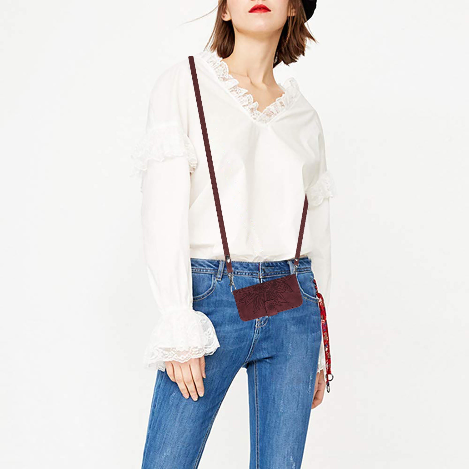 For TCL 40 SE HT04 PU Leather Cover Sunflower Imprinted Stand Wallet Phone Case with Shoulder Strap