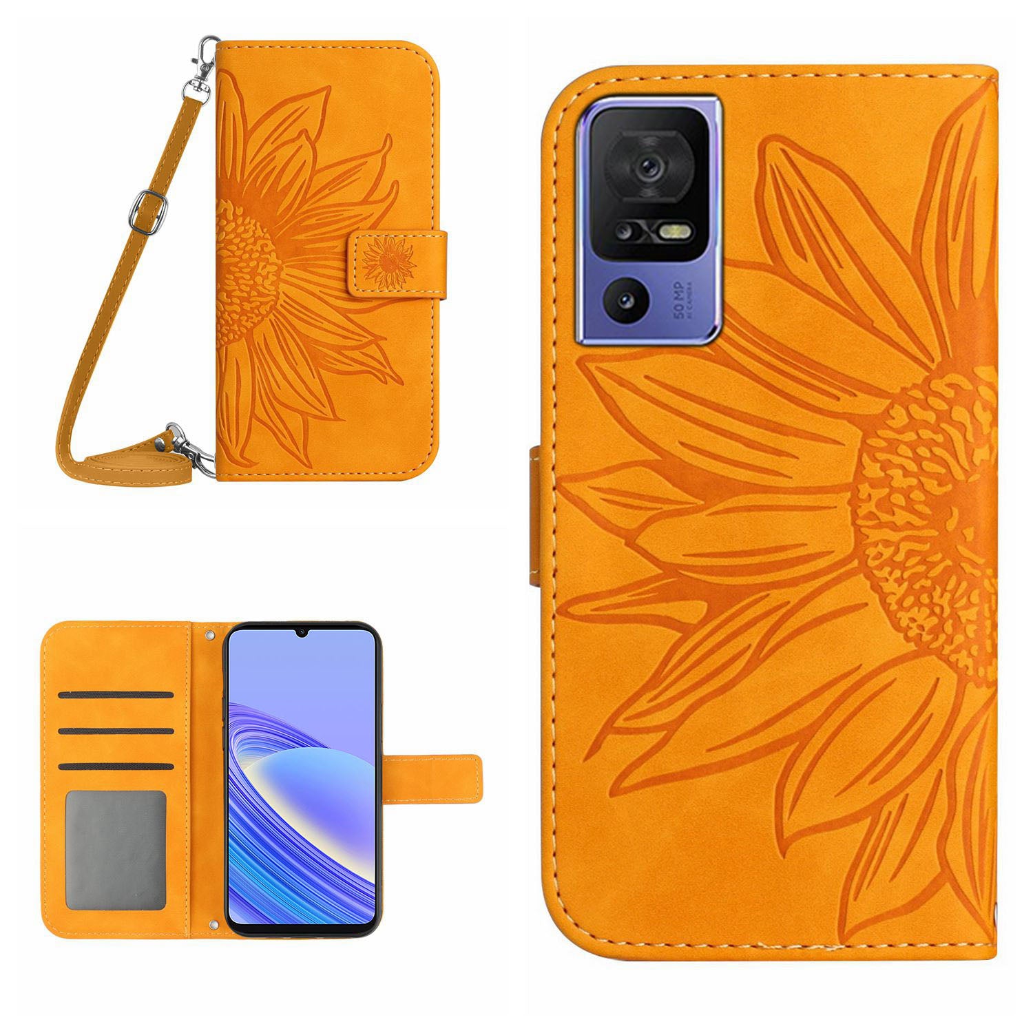 For TCL 40 SE HT04 PU Leather Cover Sunflower Imprinted Stand Wallet Phone Case with Shoulder Strap