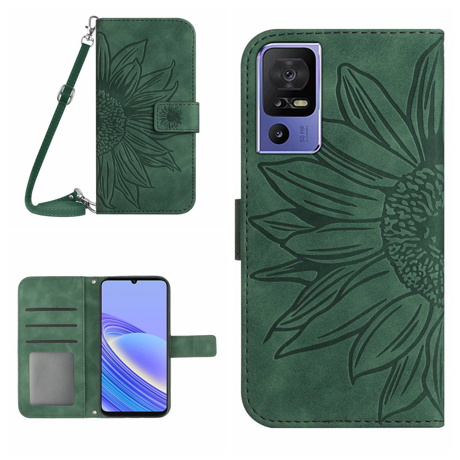 For TCL 40 SE HT04 PU Leather Cover Sunflower Imprinted Stand Wallet Phone Case with Shoulder Strap