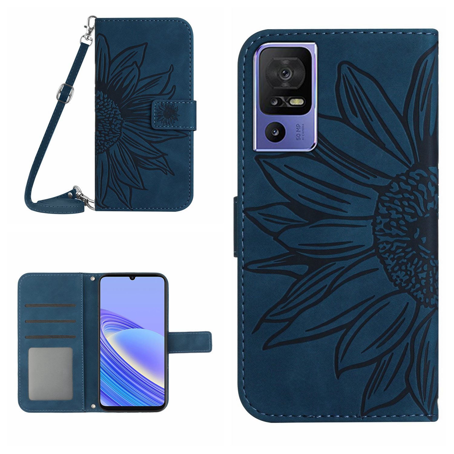 For TCL 40 SE HT04 PU Leather Cover Sunflower Imprinted Stand Wallet Phone Case with Shoulder Strap