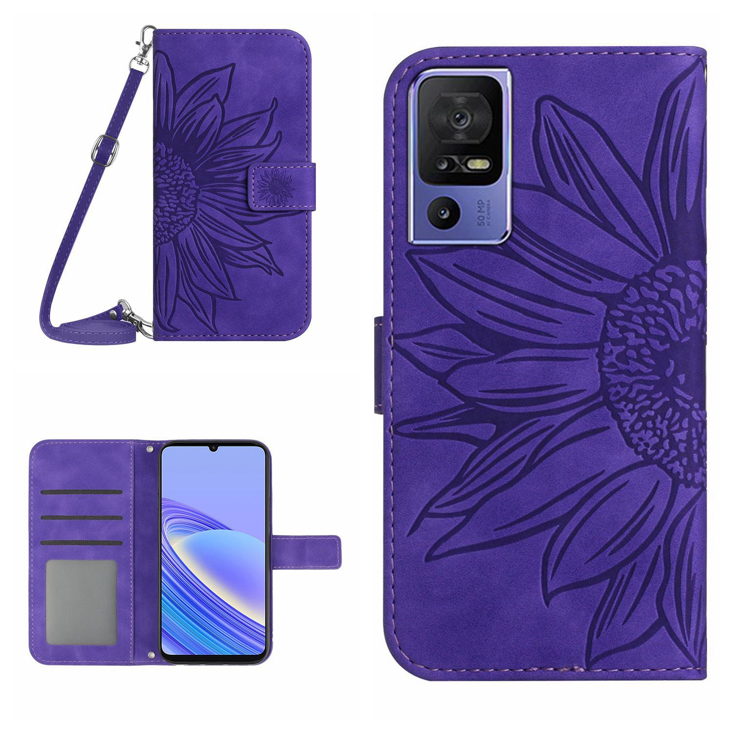 For TCL 40 SE HT04 PU Leather Cover Sunflower Imprinted Stand Wallet Phone Case with Shoulder Strap